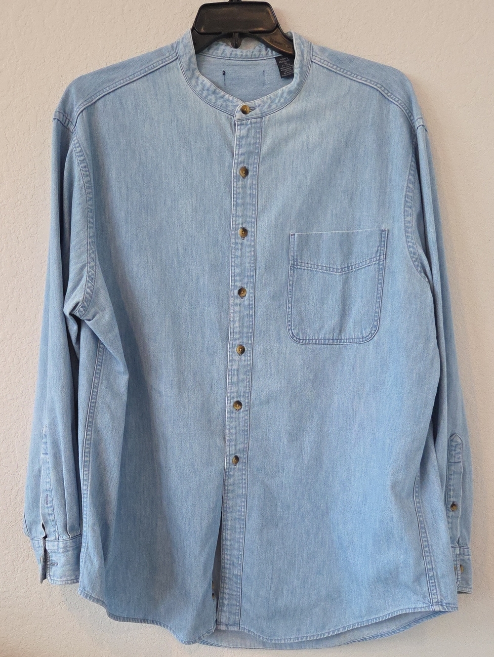 Classic 10% Cotton Lands' End Light Blue Denim Band-Collar Button-Down Shirt XL